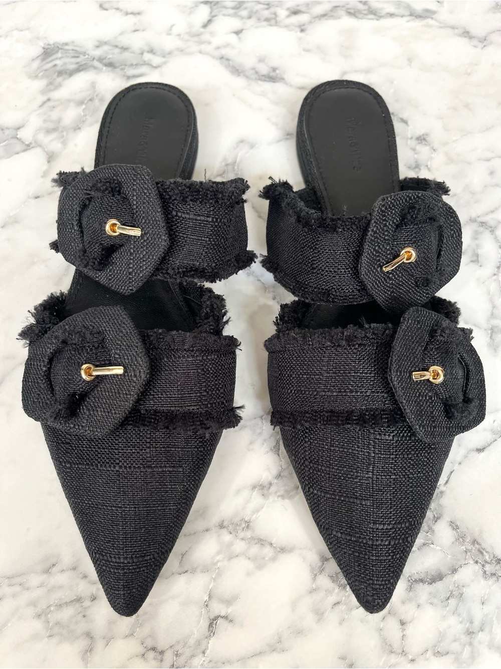 Mara & Mine Lulu black linen pointed toe mules oversized buckles size 10